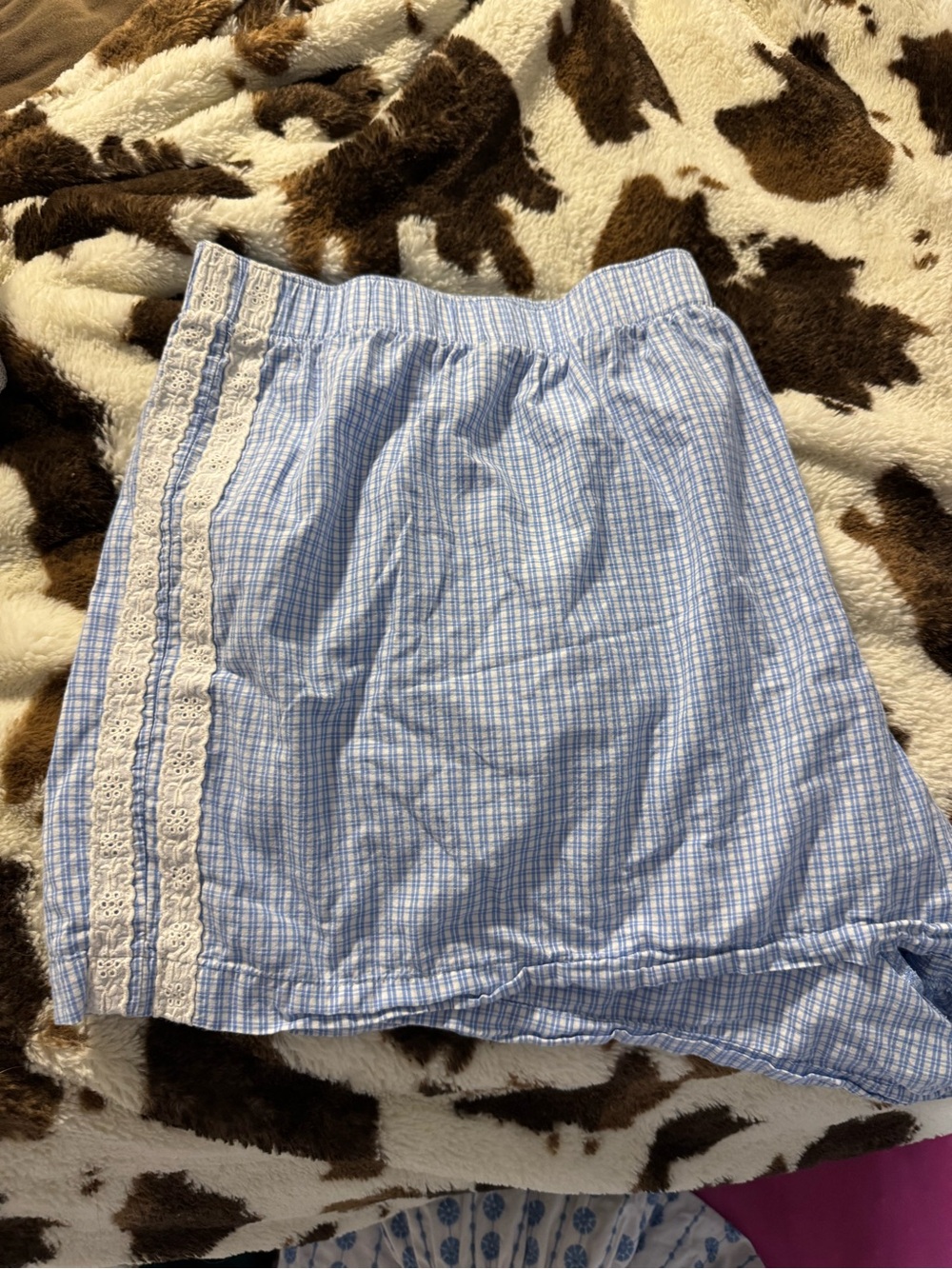 Old Navy Light Blue Checked Pajama Shorts with White Lace Trim